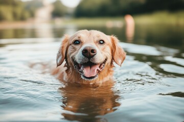 Happy canine swimming in tranquil lake, capturing joy of a dog enjoying a refreshing swim