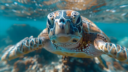 Fototapeta premium Close-Up Photo of a Sea Turtle Swimming in Turquoise Water
