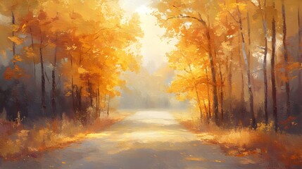 Fototapeta premium Country road in fall, trees with golden leaves, warm sunlight, oil painting style, smooth brushstrokes