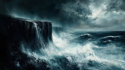 Obraz premium Cliffside with violent waves below, oil painting, moody sky, expressive brushwork, dynamic and energetic scene, hand-brushed textures.