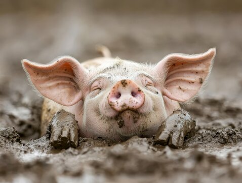 Vibrant close up of a joyful pig luxuriating in a refreshing mud bath experience