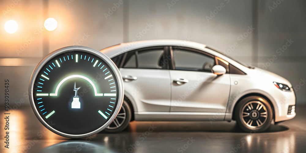 Poster 3d flat icon as ev car with a power gauge symbolizing energy monitoring with ample space for text. c