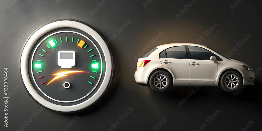 Poster 3d flat icon as ev car with a power gauge symbolizing energy monitoring with ample space for text. c