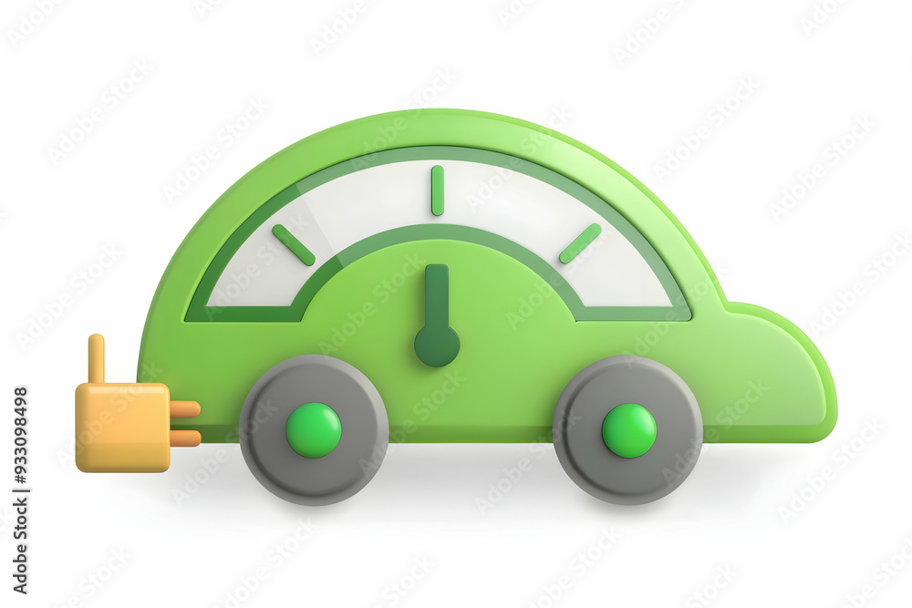 Poster 3d flat icon as ev car with a power gauge symbolizing energy monitoring with ample space for text. c