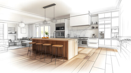 Home house apartment design sketch contemporary luxurious cozy modern wooden kitchen living room area construction interior architect drawing furniture