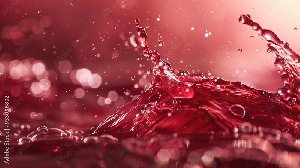 Poster detailed shot of splashing red wine with bubbles and foam. abstract wine background with dew point o