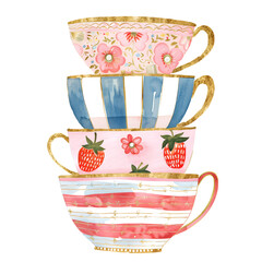 Vintage porcelain tea cups stacked. Beautiful retro illustration in simple hand drawn watercolor style. Isolated element for design, clip art, sticker