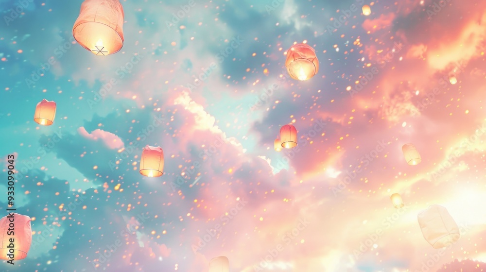 Poster magical background with soft pastel colors and lanterns. dreamy and enchanting sky with floating lan
