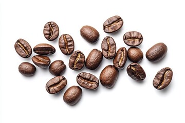 Naklejka premium Close-up of roasted coffee beans showing texture and color on a white background
