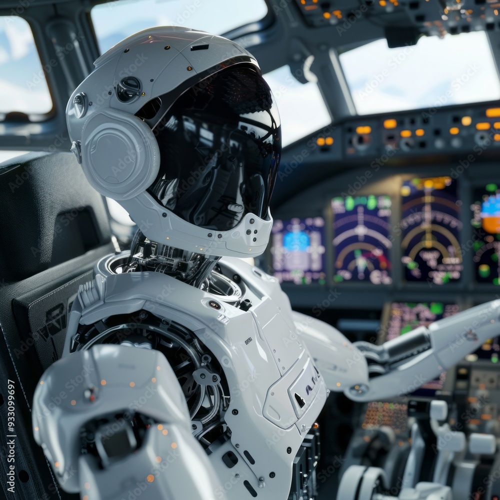 Aufkleber The robot pilot sits at the controls of a state-of-the-art aircraft, surrounded by advanced instruments and displays
