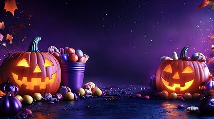 Halloween-themed image featuring glowing carved pumpkins and candy on a dark, festive background, creating a spooky and fun atmosphere.