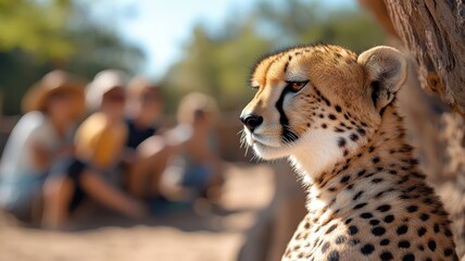 Captivating interaction between a cheetah and people at a wildlife park, highlighting curiosity and admiration for the cheetah's speed and agility.