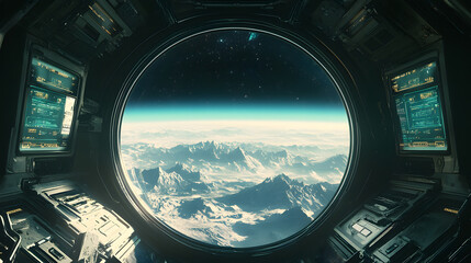Fototapeta premium futuristic spacecraft interior circular window planet Earth landscape view outer space universe sun star alien adventure exploration science travel mountains ocean atmosphere galaxy technology fiction