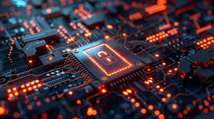 Micro view of lock screen on circuit board, secure data visualization,
