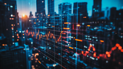 Obraz premium Abstract business team stands on the peak of success amid tall, innovative Smart city and graphs with statistics to analyze business potential and predict future developments in company growth.