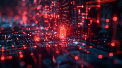 Fototapeta premium Digital security technology, holograph of lock on network circuit board, cyber protection concept