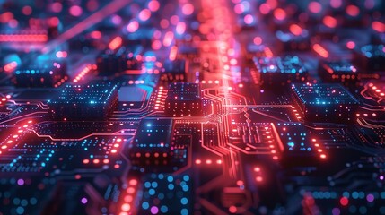 Obraz premium Close up of a computer chip , glowing chip with neon lights, Advance and futuristic view of computer processer