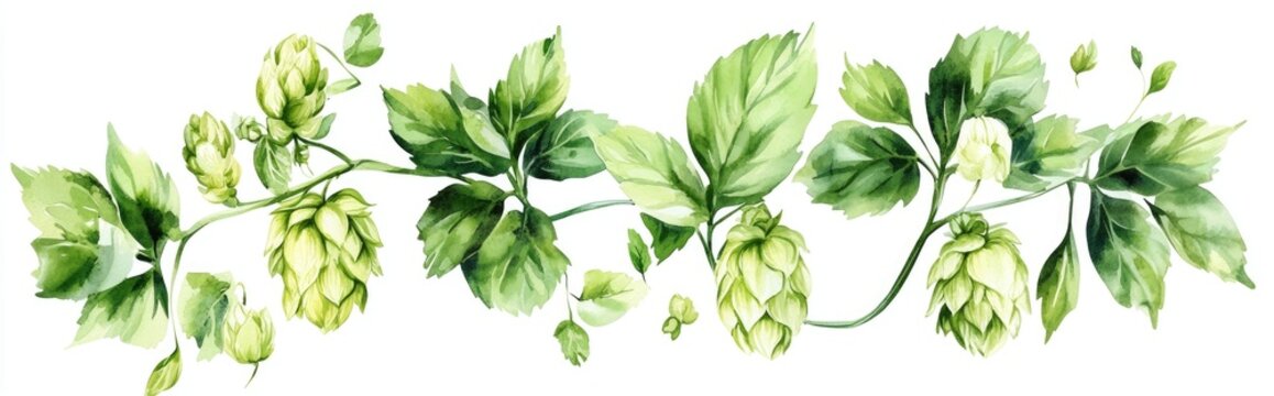 Fresh green hops Humulus lupulus and hop leaves hand drawn watercolor illustration on a white background