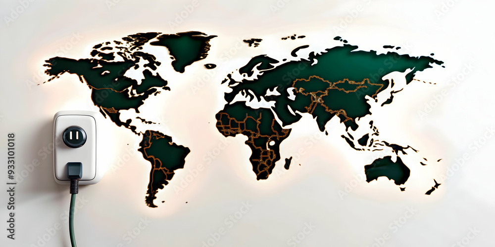Poster 3d flat icon as ev charger and a world map symbolizing global reach with ample space for text. conce