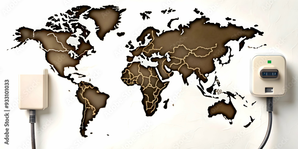 Poster 3d flat icon as ev charger and a world map symbolizing global reach with ample space for text. conce