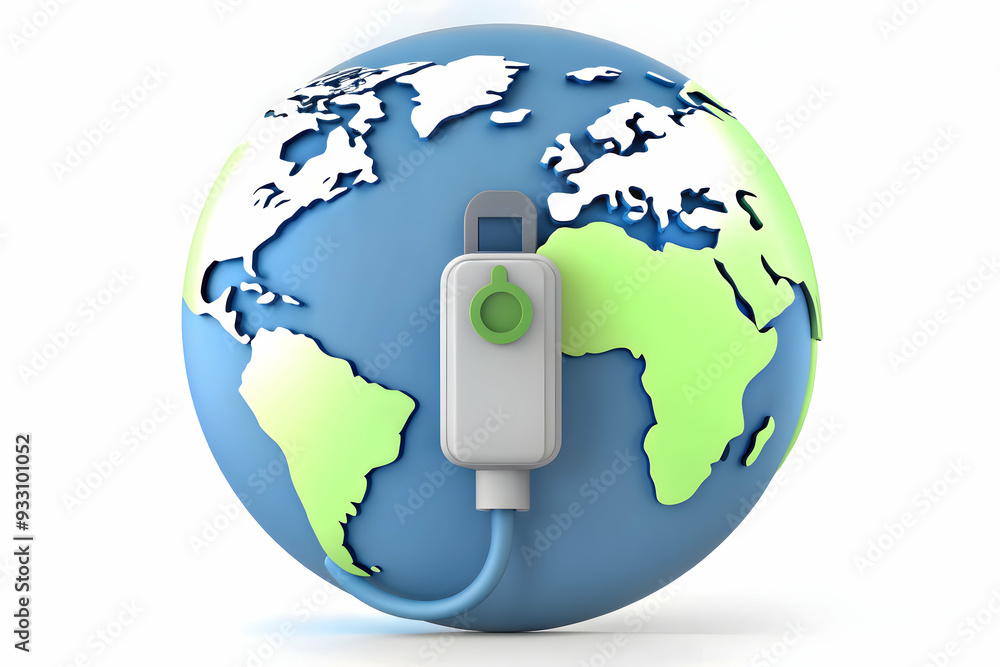 Poster 3d flat icon as ev charger and a world map symbolizing global reach with ample space for text. conce