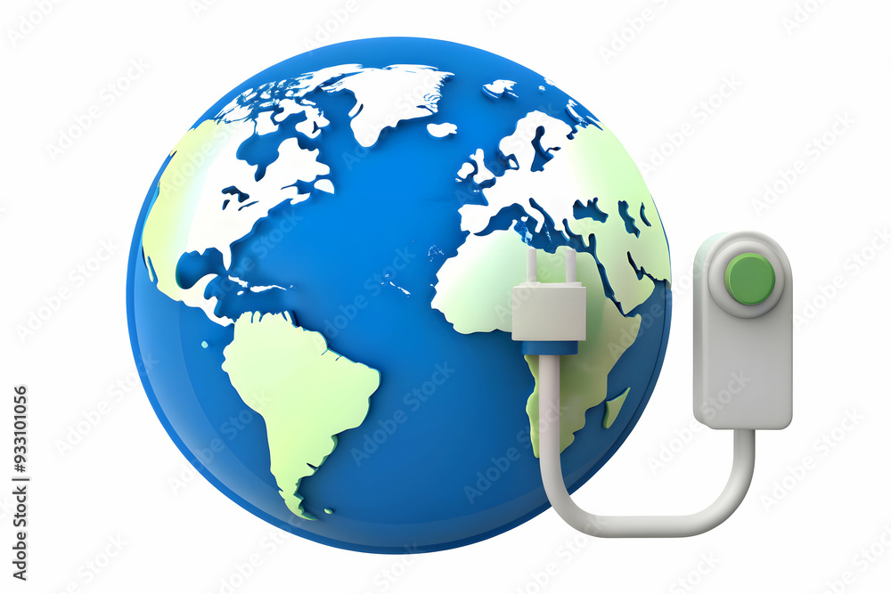 Poster 3d flat icon as ev charger and a world map symbolizing global reach with ample space for text. conce