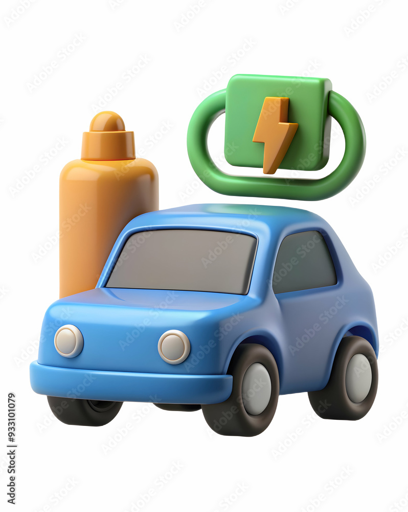 Poster 3d flat icon as ev charger and a world map symbolizing global reach with ample space for text. conce