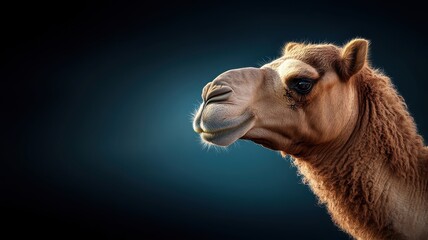 Fototapeta premium Camel posing in a studio, soft lighting accentuating fur texture and gentle eyes, against a simple background.
