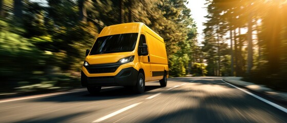 Obraz premium Yellow delivery van driving on a forest road with blurred trees in the background. The image captures a dynamic motion effect as the van speeds through the scenic route.