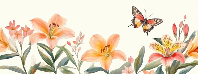 Obraz premium Floral greeting card featuring watercolor illustrations of lilies alstroemeria and a butterfly handcrafted design