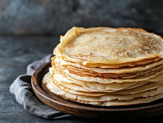 Chandeleur celebration crepes stack on plate, french pancakes for web banner with copy space