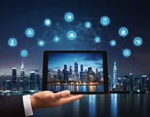 Smart city concept with real skyscrapers layout with glowing digital cloud technology icons on digital tablet screen . Ai generated image.