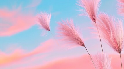 Obraz premium A dreamy close-up of pink dandelion seeds floating against a soft blue and pink background in a romantic sunset atmosphere