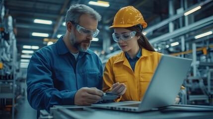Caucasian Male Engineer and a Female Technician Having a Conversation and Using Laptop Computer. Specialists Monitoring, Analyzing Conditions at a Modern Electronics Factory with Heavy Machinery