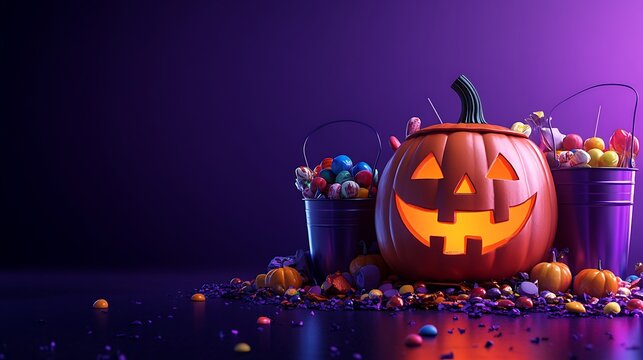 Lit jack-o'-lantern with candy buckets on purple background, celebrating Halloween with festive treats.