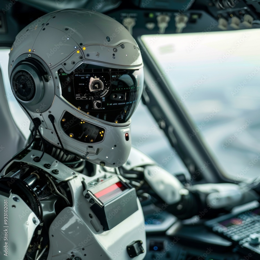 Poster a robot pilot is focused on navigating an advanced aircraft in a modern, high-tech cockpit with vari
