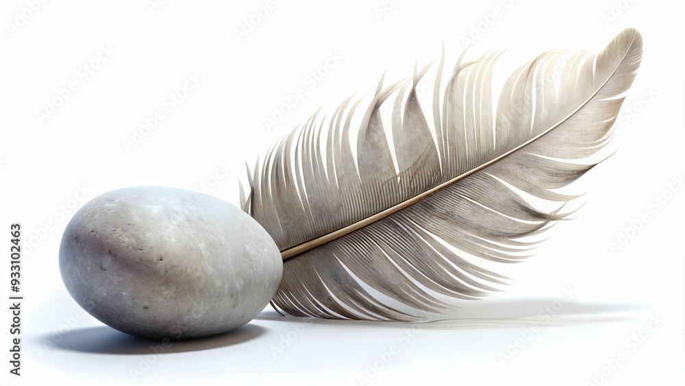 Poster 3d flat icon as feather and stone symbolizing lightness and heaviness with ample space for text. con