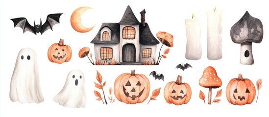 Hand drawn watercolor Halloween illustration set featuring pumpkins ghosts mushrooms a spooky house candles a moon and bats Isolated on white suitable for autumn themed cards invitations and banne