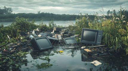 Waste yard Collection disposal electronic water pollution refrigerators washing machines environmental issues land contamination environment contaminated electronics illegal dumping river