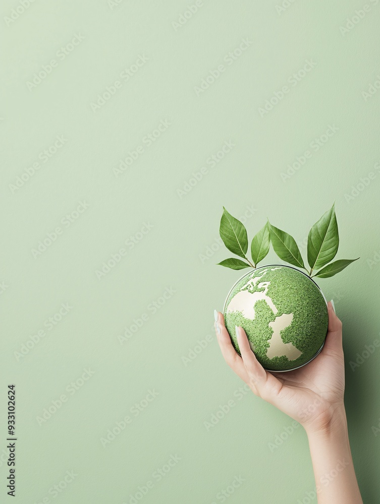 Poster a minimalist scene featuring a hand holding a globe with green continents, symbolizing global sustai