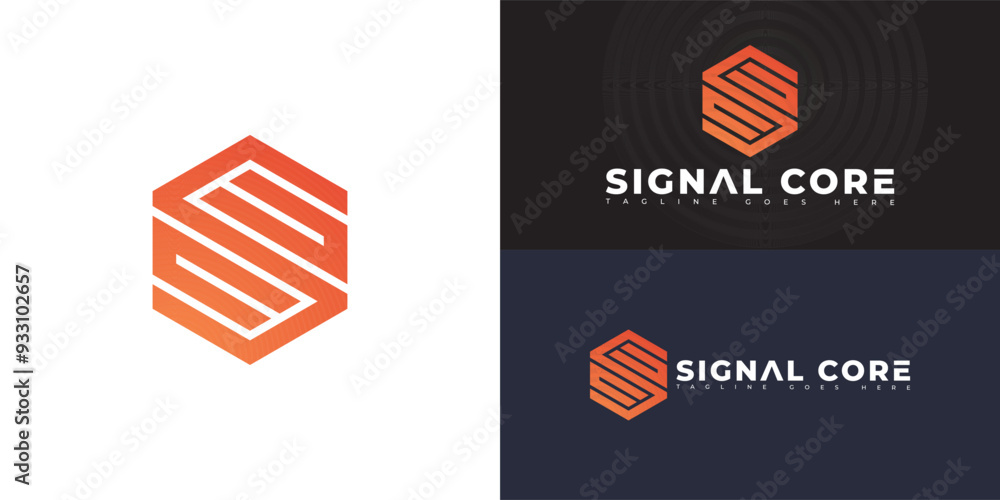 Poster abstract hexagon initial letter sc or cs in orange color isolated on multiple background colors. the