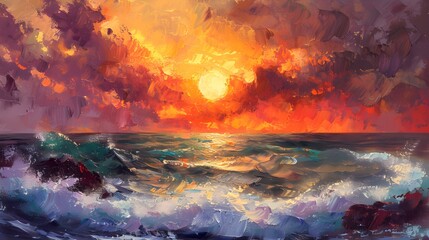 Fototapeta premium Retro oil painting of a sunset, dramatic colors and powerful brushstrokes bring the ocean and sky to life, a blend of fiery tones and crashing waves