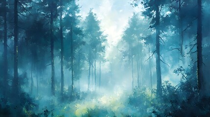 Mysterious forest, towering trees in mist, deep greens and blues, oil painting style, hand brush strokes creating depth and intrigue