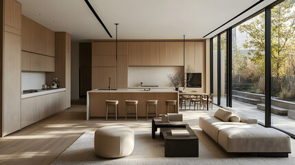 Modern luxurious living room kitchen interior design minimalist luxury white countertop stainless steel appliances elegant home apartment city house large windows natural light spacious contemporary