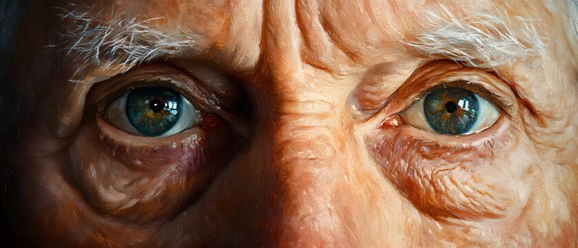 Elderly man's face in close-up, deep-set wrinkles portrayed with thick, textured brushstrokes, oil painting style, dark and warm color palette, classic art.