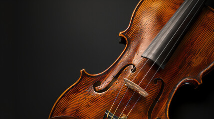 close-up of a violin, with a brown wooden body and four strings
