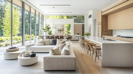 Modern luxurious living room kitchen interior design minimalist luxury white countertop stainless steel appliances elegant home apartment city house large windows natural light spacious contemporary