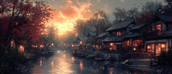 Lantern-lit streets of a quiet village, gentle warm light, oil painting style, smooth, atmospheric brushwork, serene and peaceful night scene.