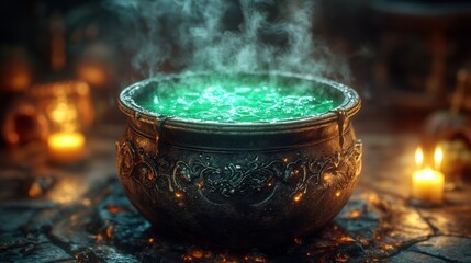 A cauldron filled with glowing green potion emits steam, surrounded by candles, creating a mysterious and magical atmosphere.