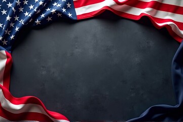 A waving American flag forms a border against a dark textured background, perfect for patriotic designs and Independence Day events with copy space.